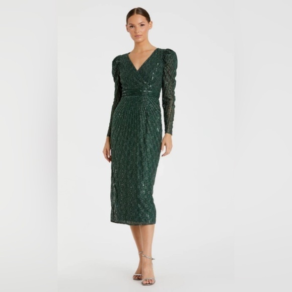 Mac Duggal Dresses & Skirts - NWT | Mac Duggal 93676 Deep Green Beaded Lace Long Sleeve Midi Dress Size 6